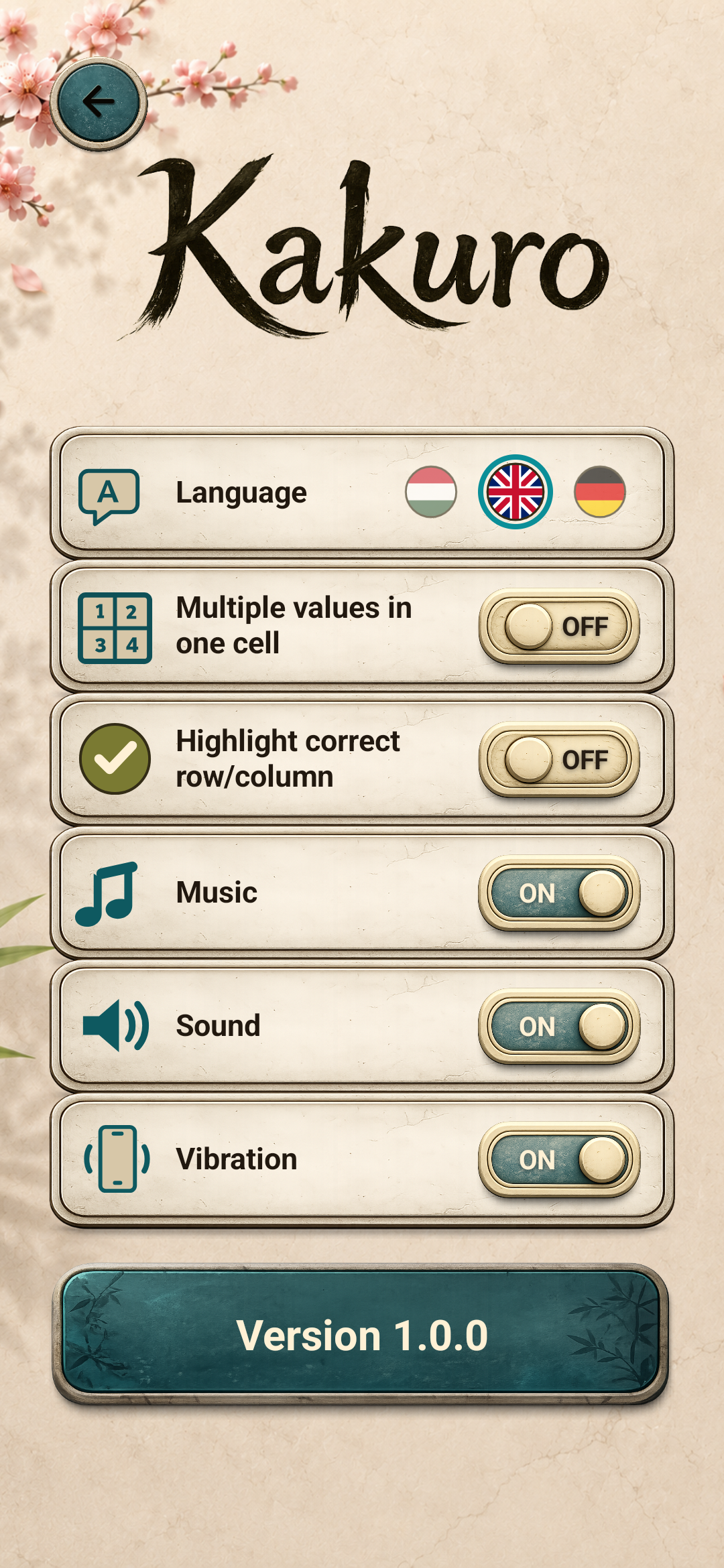 Kakuro settings